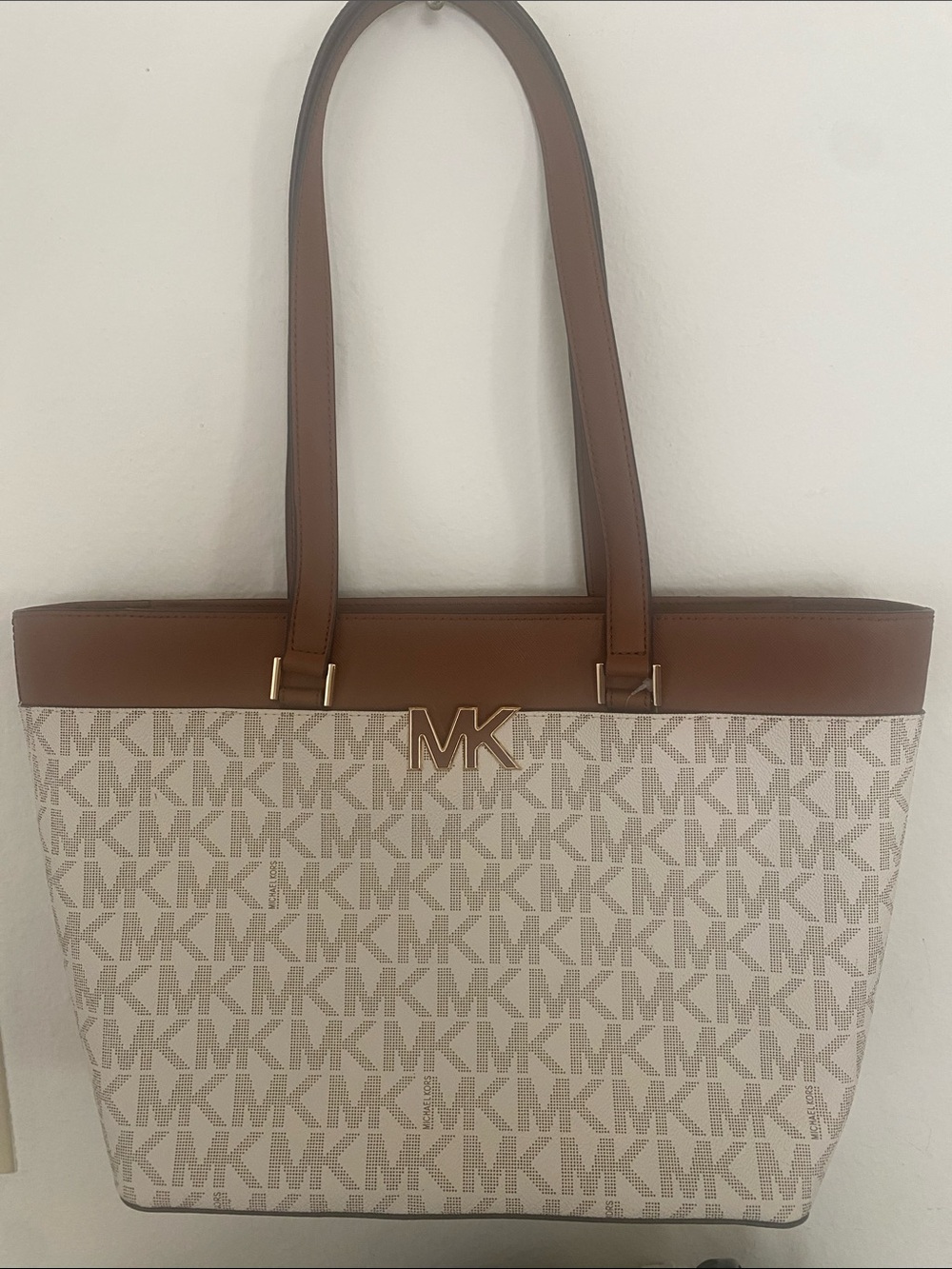Michael Kors Vanilla Logo Tote with Brown Trim
